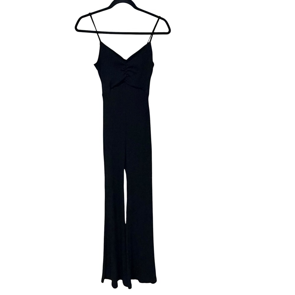 Bershka Black Ribbed Flare Leg Jumpsuit Spaghetti Strap Ruched Bust Small